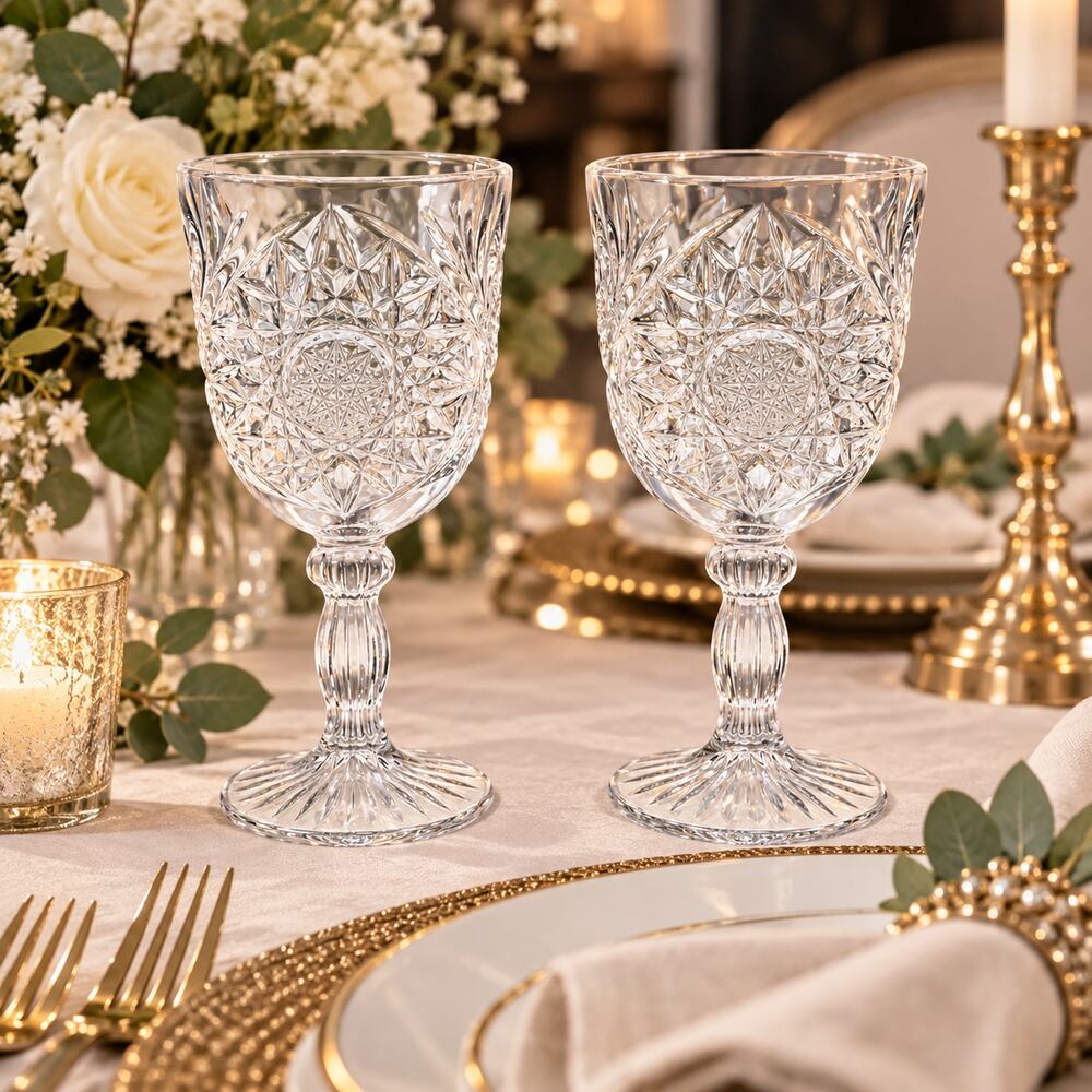 Set of 2 Vintage Style Cut Glass Crystal Goblets Wine Water Stemware Elegant